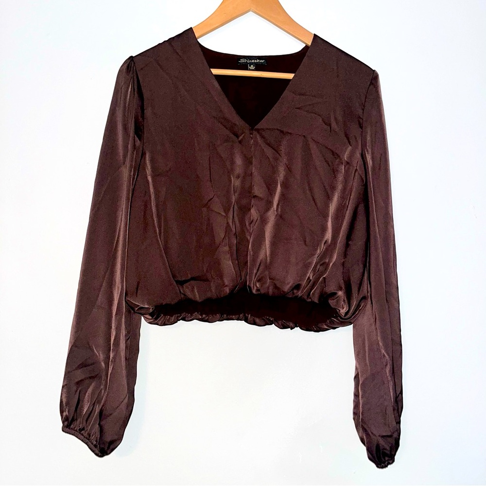 Shinestar Chocolate V-Neck Long Sleeve Crop Top